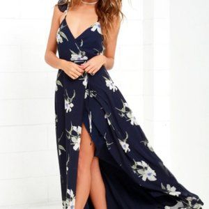Lulus All Mine Navy Blue Floral Print High Low Wrap Dress Size Medium